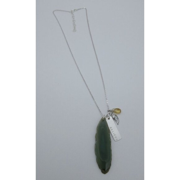 Sterling Silver sliced‎ green agate pendant charm necklace - Picture 2 of 10